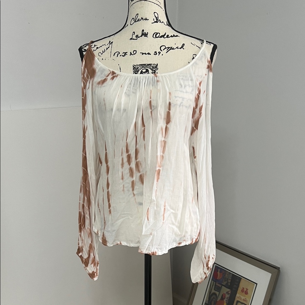 Elan Cream and Brown Tie-Dye Blouse